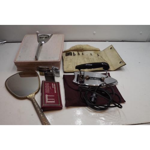 2126 - Box of vintage items:- Gad-About travel iron, drawing et, 3 lighters, Dunhill lighter care set and B... 