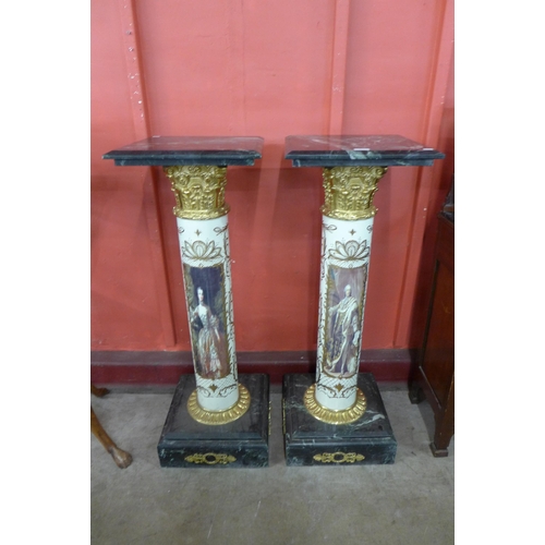 10 - A pair of French style porcelain, gilt metal and marble jardiniere stands, 114cms h