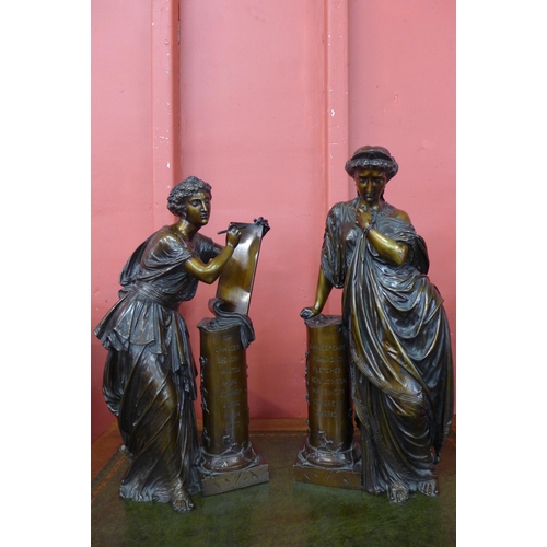 27 - A pair of 19th Century French bronze figures of ladies stood at coloumn's inscribed with names of po... 