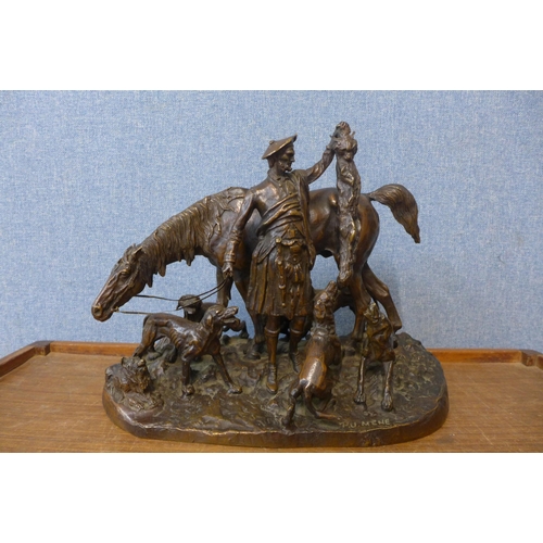 364 - After Pierre Jules Mene (1810-1879), bronze figure group of Scottish huntsman, horse and hounds