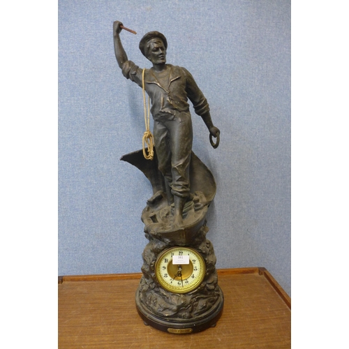 381 - A large 19th Century spelter figural  mantel clock, titled  Cod Fishing, 75cms h