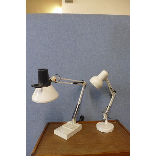 385 - Two white metal anglepoise desk lamps