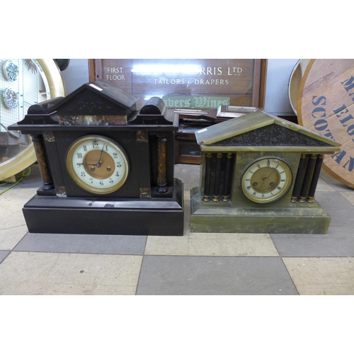 392 - A 19th Century onyx clock and a slate clock, both a/f