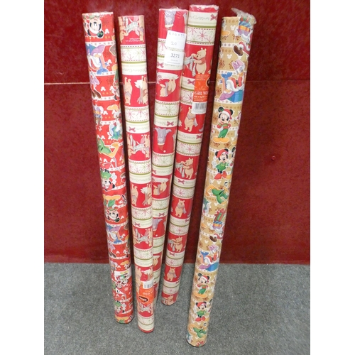 3271 - Five rolls of Disney wrapping paper; three Winnie the Pooh and two Mickey Mouse themed