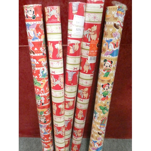 3271 - Five rolls of Disney wrapping paper; three Winnie the Pooh and two Mickey Mouse themed