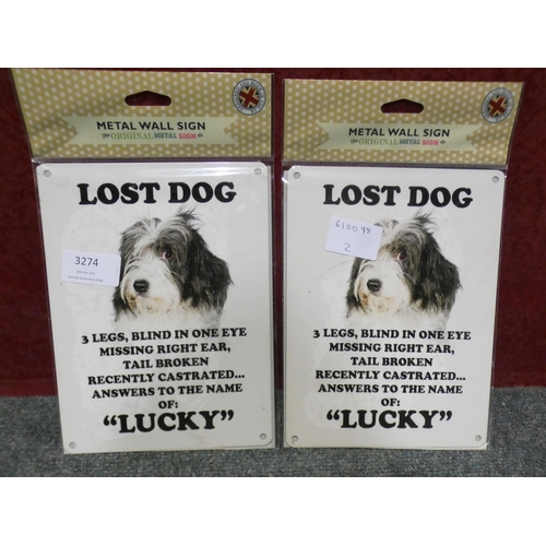 3274 - Two 'Lost Dog' metal wall signs (15 x 20cm)