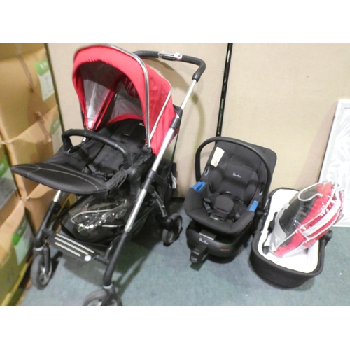 3288 - A Silver Cross red and black 3-in-1 travel system plus car seat with Iso fix base + extras including... 