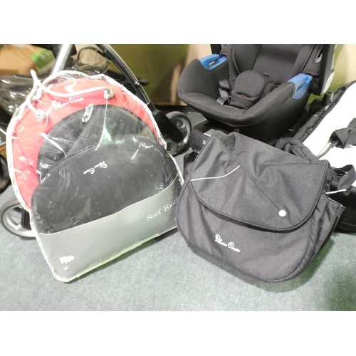 3288 - A Silver Cross red and black 3-in-1 travel system plus car seat with Iso fix base + extras including... 