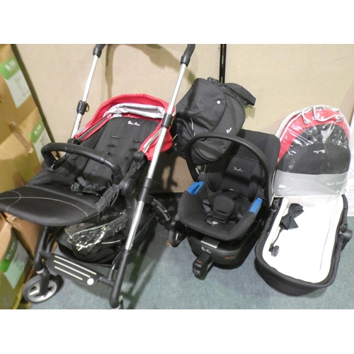 3288 - A Silver Cross red and black 3-in-1 travel system plus car seat with Iso fix base + extras including... 