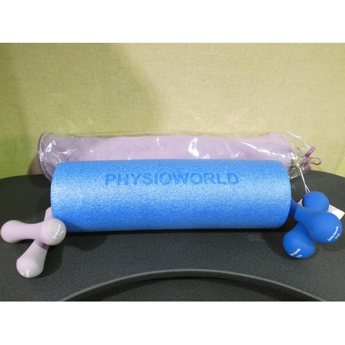 3289 - Two pairs of John Lewis dumbbells 1kg and 2kg plus a Physioworld foam roller and a non-slip yoga mat... 