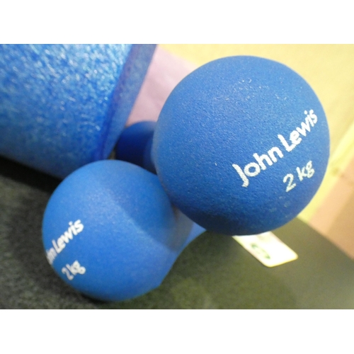 3289 - Two pairs of John Lewis dumbbells 1kg and 2kg plus a Physioworld foam roller and a non-slip yoga mat... 