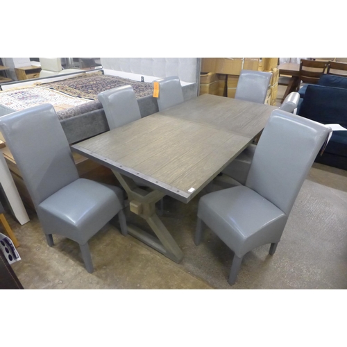 1525 - A grey washed oak industrial style dining table and six leather rollback chairs