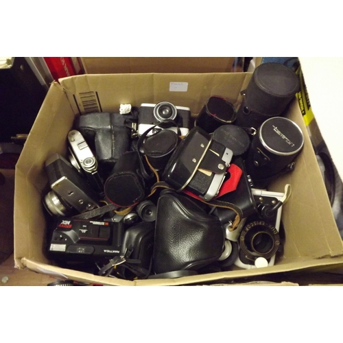 2440 - Box of vintage photography equipment:- 35mm camera lens, lens cases and camera case