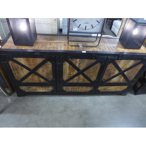 1470 - A steel framed industrial three door sideboard, sticking doors