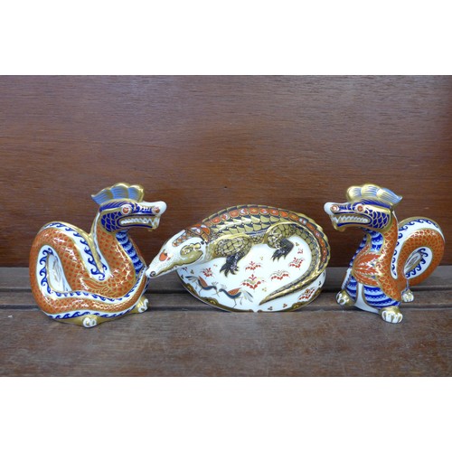 608 - Three Royal Crown Derby paperweights - Crocodile, a gold signature edition commissioned by The Guild... 