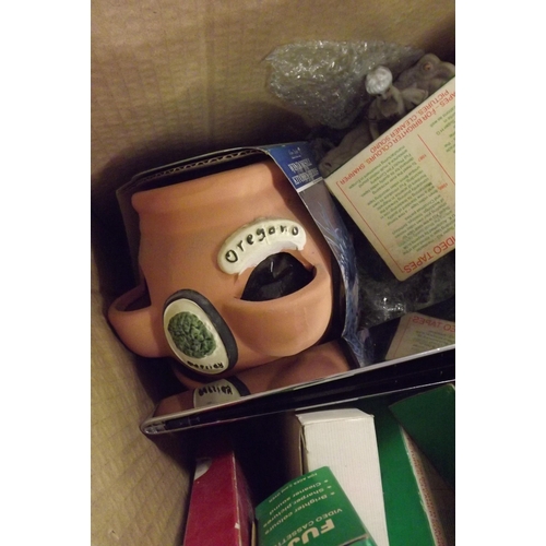 2019 - Box of household miscellaneous: brass, games, gardening, model, Coronation Ware, etc.