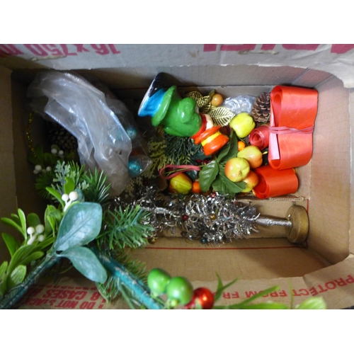 2083 - Vintage Christmas decorations including a Georgian style silver plated candelabra, a box of festive ... 