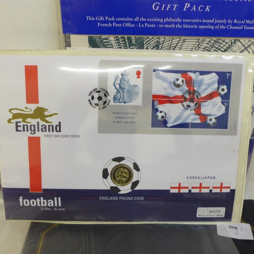 728A - A Royal Mail Channel Tunnel pack, an England FC coin cover, History of British Army Cover Collection... 