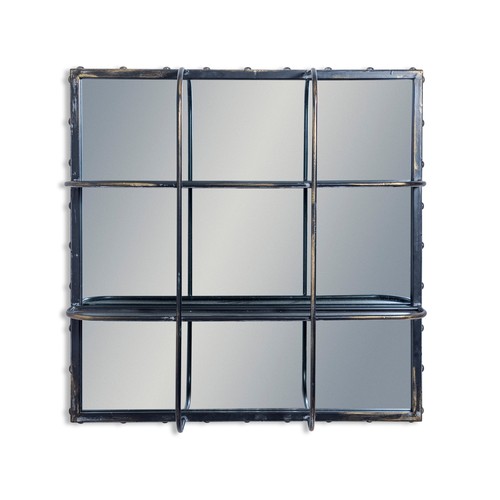 1480 - An antiqued black industrial wall mirror with shelves (JCS1458)      #