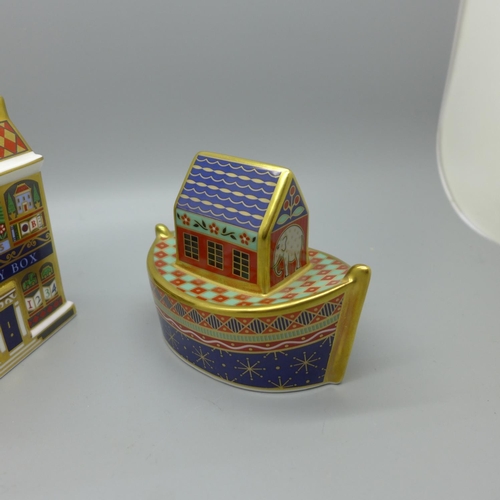 636 - Three Royal Crown Derby Paperweights - The China Shop and The Toy Box with porcelain stoppers and fr... 