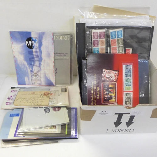 723 - Stamps; box of GB stamps, presentation packs, etc.
