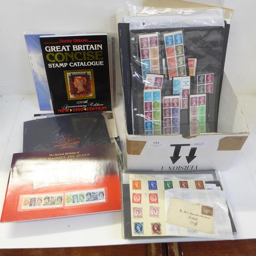 723 - Stamps; box of GB stamps, presentation packs, etc.