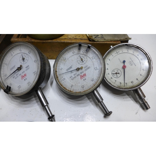 2011 - Box containing 5 micrometers & 3 dial gauges (outside, Brown and Sharp, M & W, etc.)