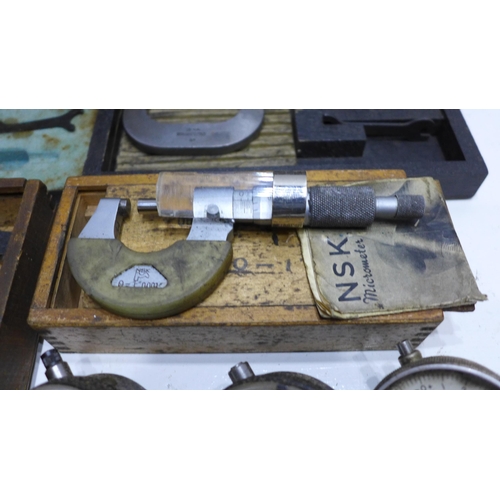 2011 - Box containing 5 micrometers & 3 dial gauges (outside, Brown and Sharp, M & W, etc.)