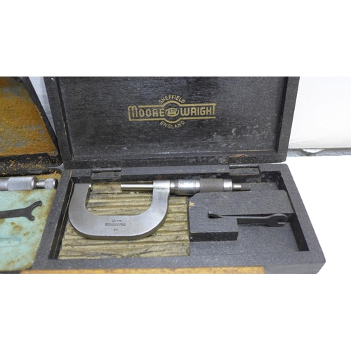 2011 - Box containing 5 micrometers & 3 dial gauges (outside, Brown and Sharp, M & W, etc.)