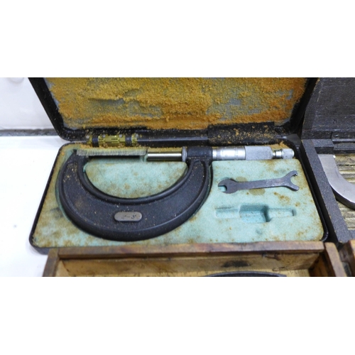2011 - Box containing 5 micrometers & 3 dial gauges (outside, Brown and Sharp, M & W, etc.)