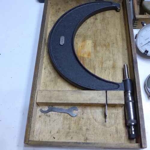 2011 - Box containing 5 micrometers & 3 dial gauges (outside, Brown and Sharp, M & W, etc.)