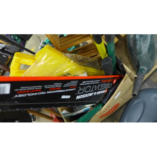 2250 - Parasol stand & qty. of garden tools