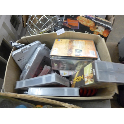 2271 - 3 Boxes of assorted household items, including:- jars, bottles, VHS sets, mini DVD player, smoke ala... 