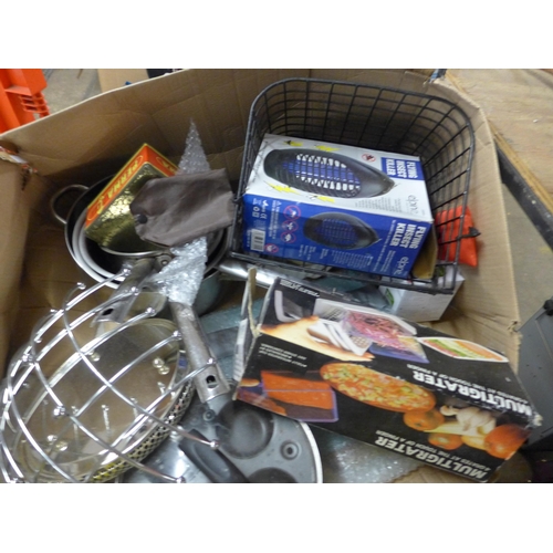 2271 - 3 Boxes of assorted household items, including:- jars, bottles, VHS sets, mini DVD player, smoke ala... 