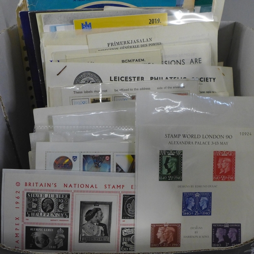 683 - Stamps; Philatelic ephemera in box, exhibition stamps and covers, etc.