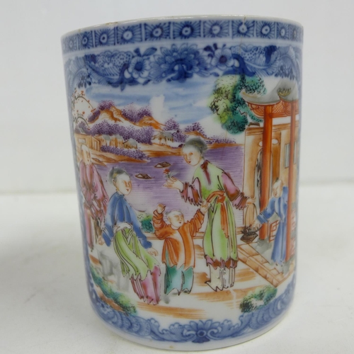 676 - A Qianlong Chinese mug, a/f, and four oriental plates, famille verte x3 and blue and white, one plat... 