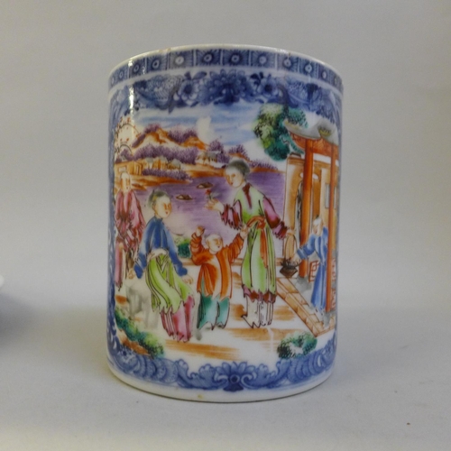 676 - A Qianlong Chinese mug, a/f, and four oriental plates, famille verte x3 and blue and white, one plat... 