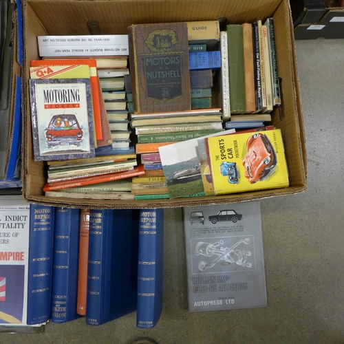 1150 - Two boxes of books; vintage motoring and the War Papers reproduction newspapers and Wings magazines ... 