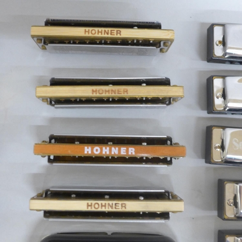 705 - Nine Hohner Diatonic harmonicas, a Lee Oskar Diatonic harmonica, seven Sonny Boys Special harmonicas... 