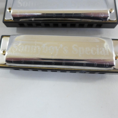 705 - Nine Hohner Diatonic harmonicas, a Lee Oskar Diatonic harmonica, seven Sonny Boys Special harmonicas... 