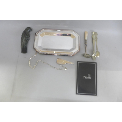 711 - A cast metal walking cane handle in the form of a parrot, a plated tray, etc.