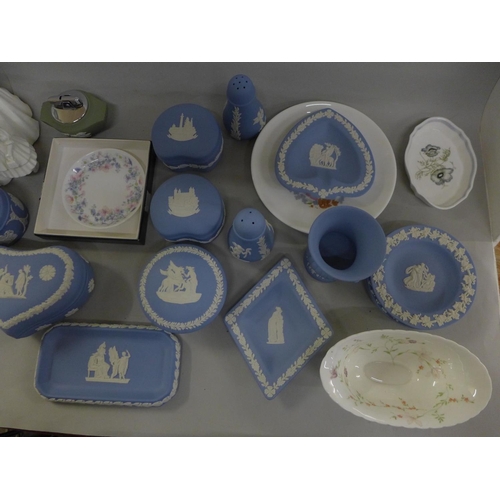 745 - A collection of Wedgwood Jasperware including a lighter, salt and pepper pots, etc., and a Royal Wor... 