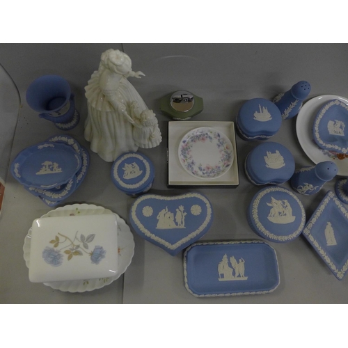 745 - A collection of Wedgwood Jasperware including a lighter, salt and pepper pots, etc., and a Royal Wor... 