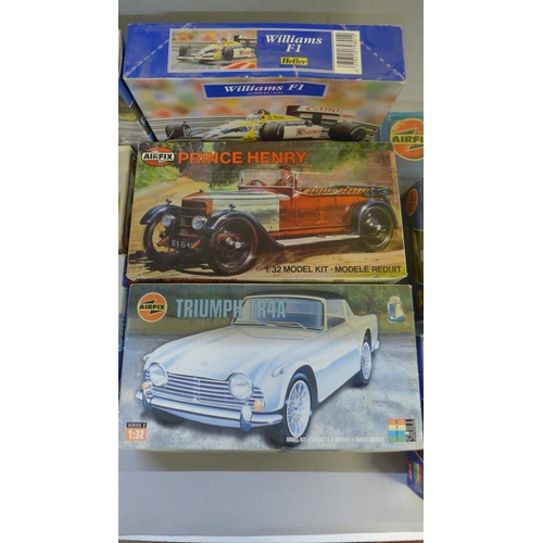 758 - Eight Airfix plastic model kits, seven Classic motor vehicles and one motorcycle