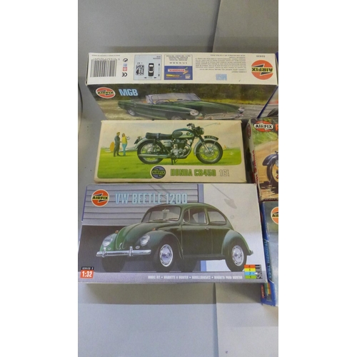 758 - Eight Airfix plastic model kits, seven Classic motor vehicles and one motorcycle