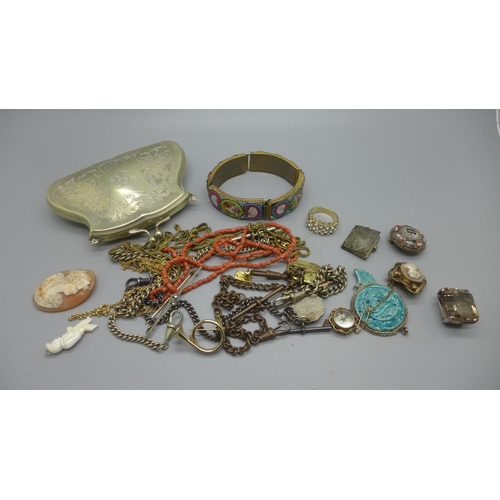 912 - A plated purse, jewellery including a micro-mosaic bracelet, Albert chains, etc.