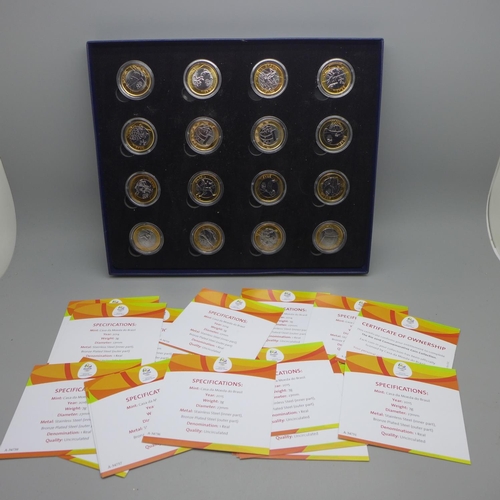 935 - A collection of sixteen Rio 2016 Olympic 1 Real coins, boxed and cased