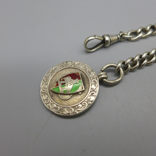969 - A silver Albert chain and fob, 60g with a gold plated T-bar, 35cm