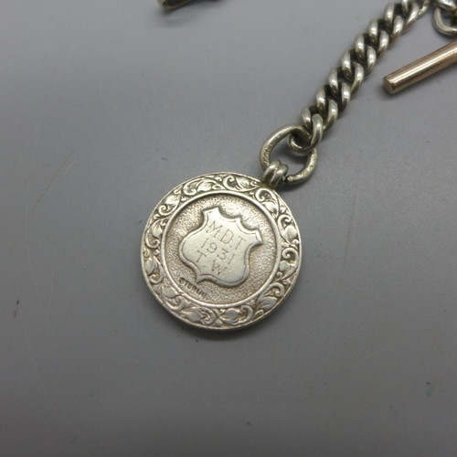 969 - A silver Albert chain and fob, 60g with a gold plated T-bar, 35cm