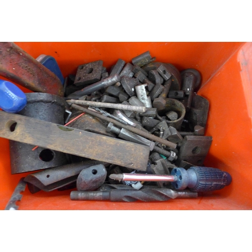 2021 - Two boxes of assorted hand tools; G-clamps, spanners, hammers etc.